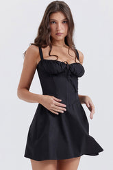 Fit & Flare Korsett Mini Sommerkleid mit Schnürung vorne und Schnürung hinten - Schwarz